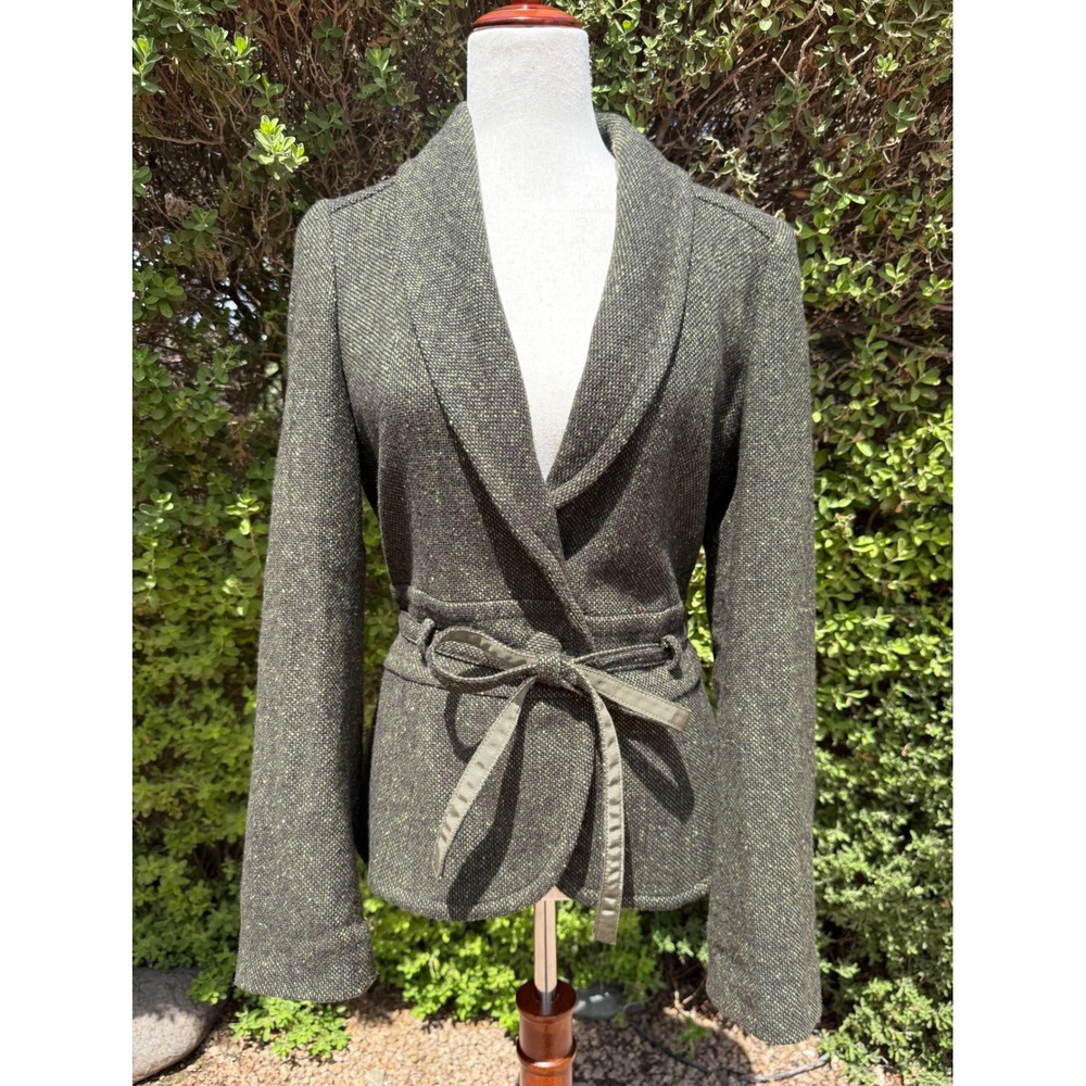 Banana Republic Olive Green Tweed Wool Blend Belted Shawl Collar Jacket Size 10